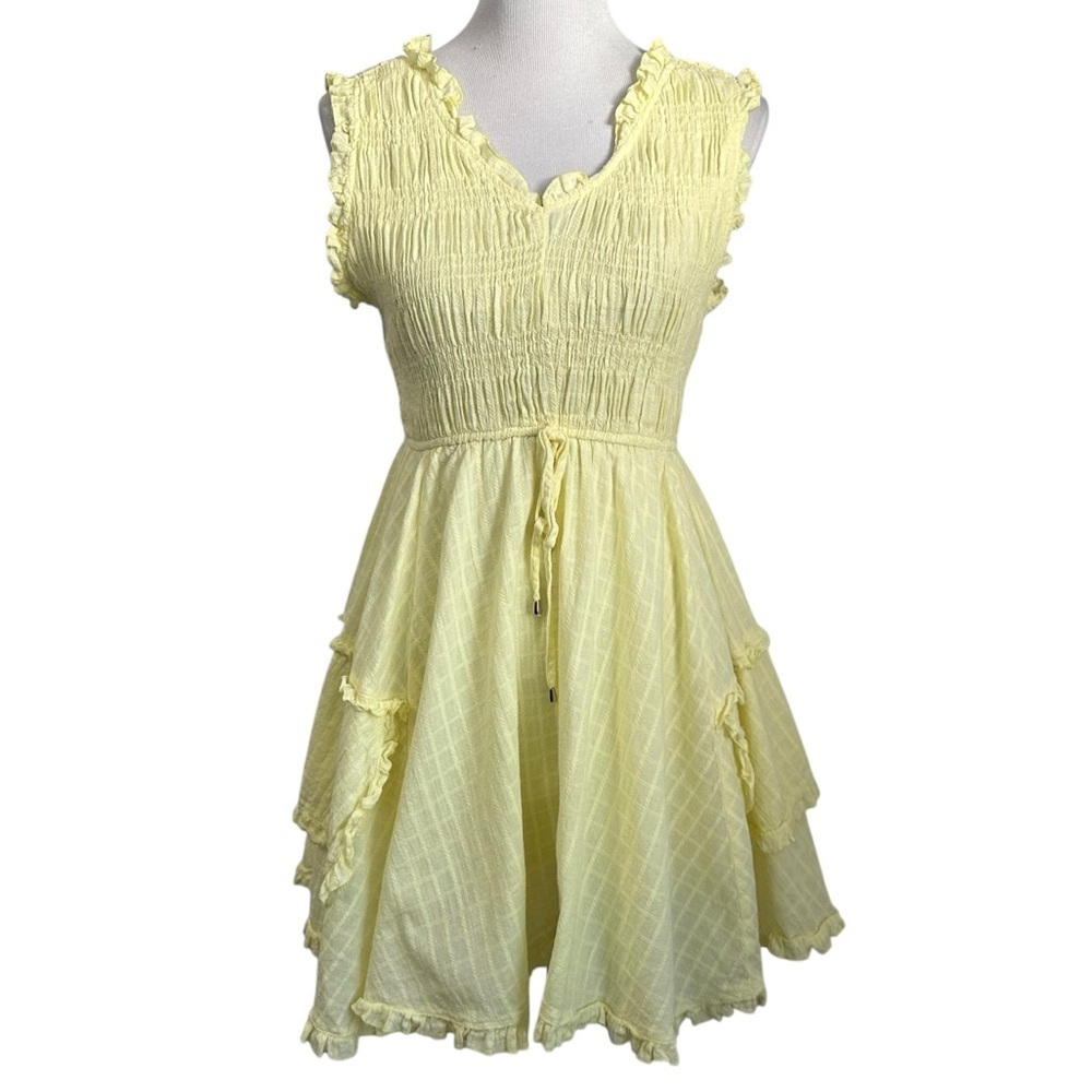 Hailey & Co Womens Smocked Ruffled Mini Dress Sz Small Yellow Sleeveless Lined
